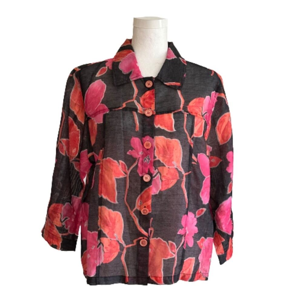 Toni Morgan Blouse Top Black Pink Orange Floral 3/4 Sleeve Button Front Large